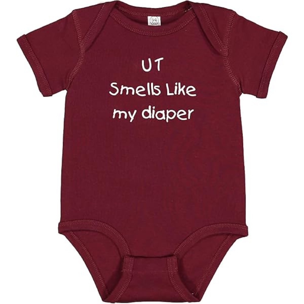 6 months Texas A&M Fan UT Smells Like My Diaper Baby Bodysuit - Maroon